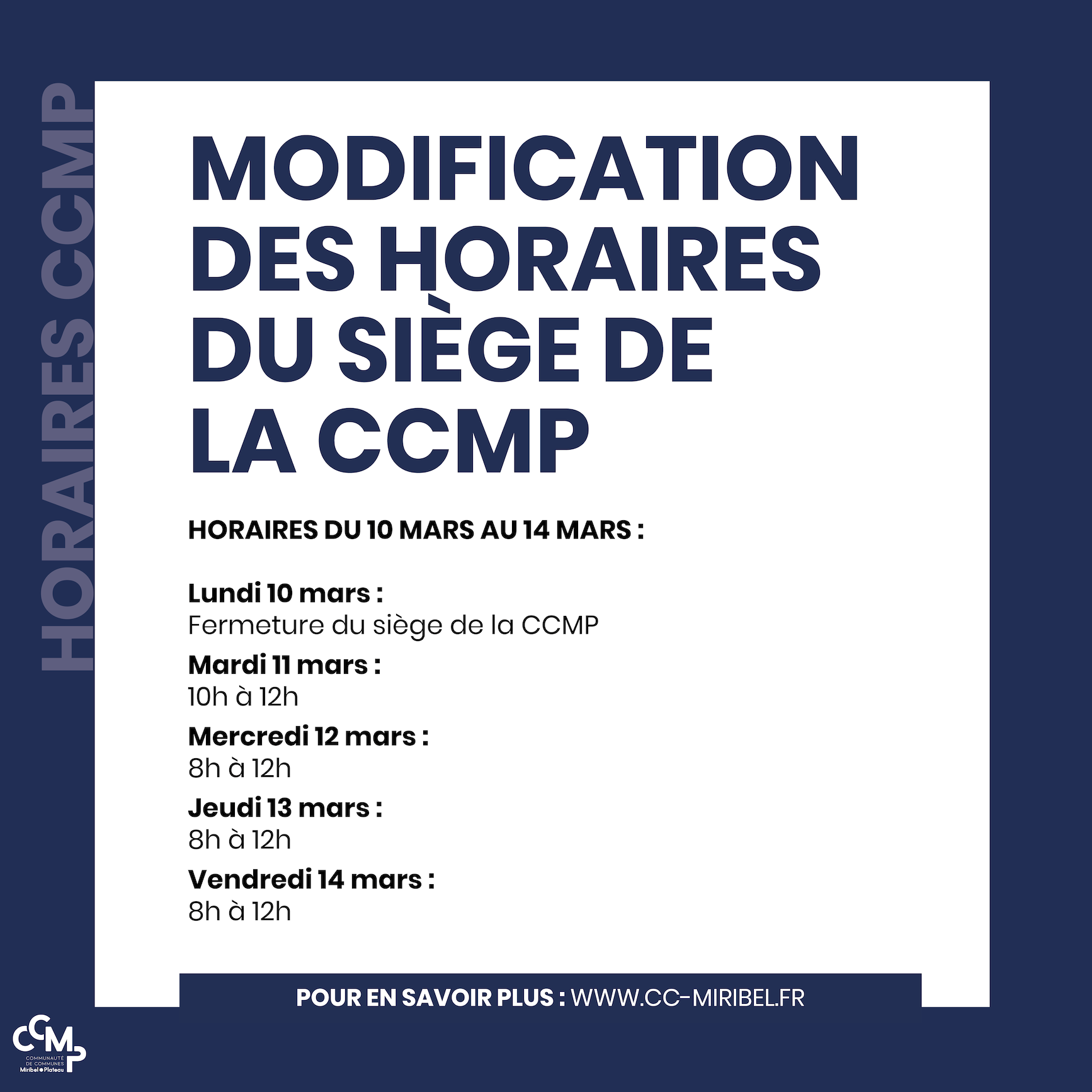 Modification des horaires de la CCMP