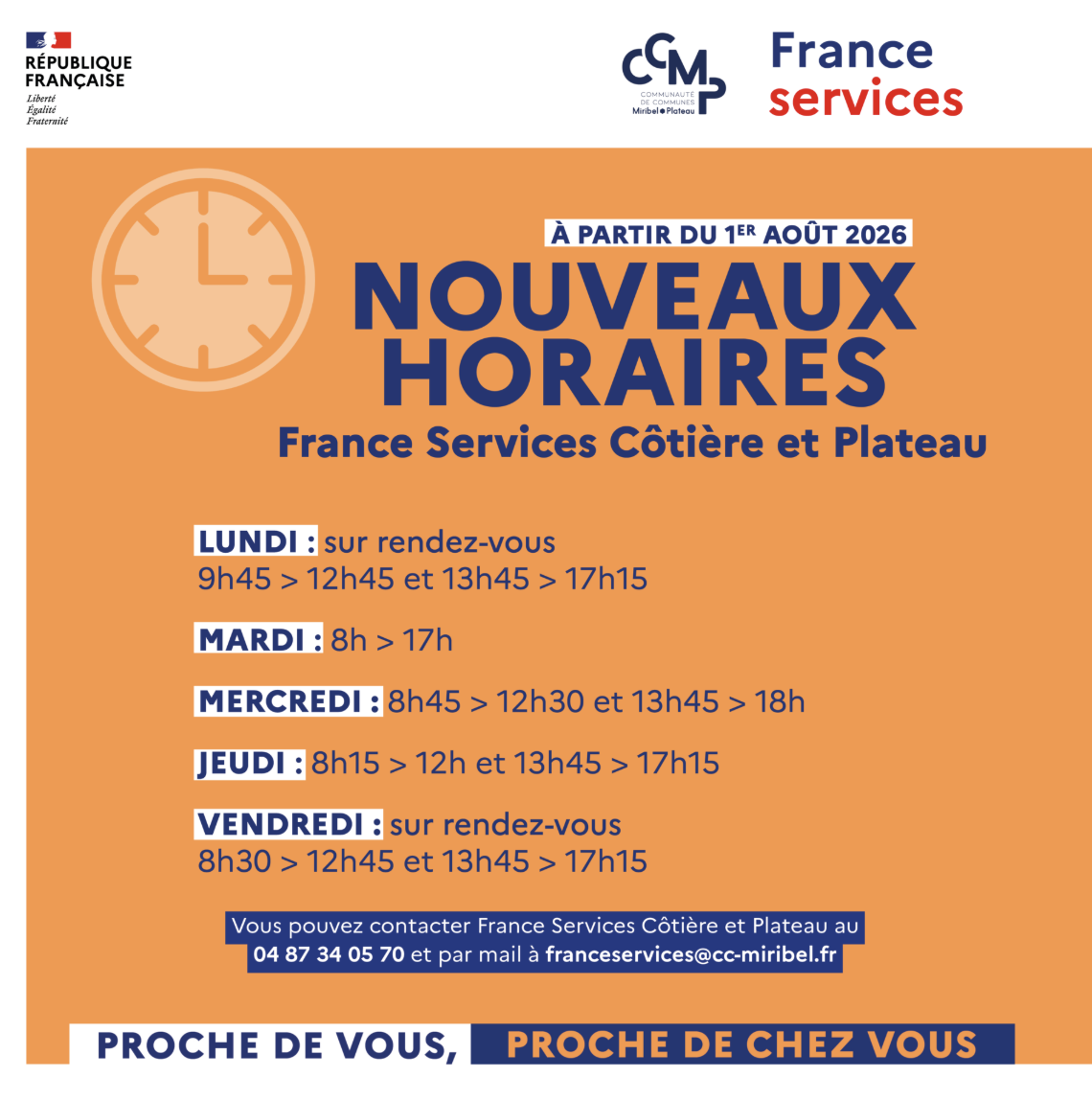 Nouveaux horaires pour France Services Côtière et Plateau